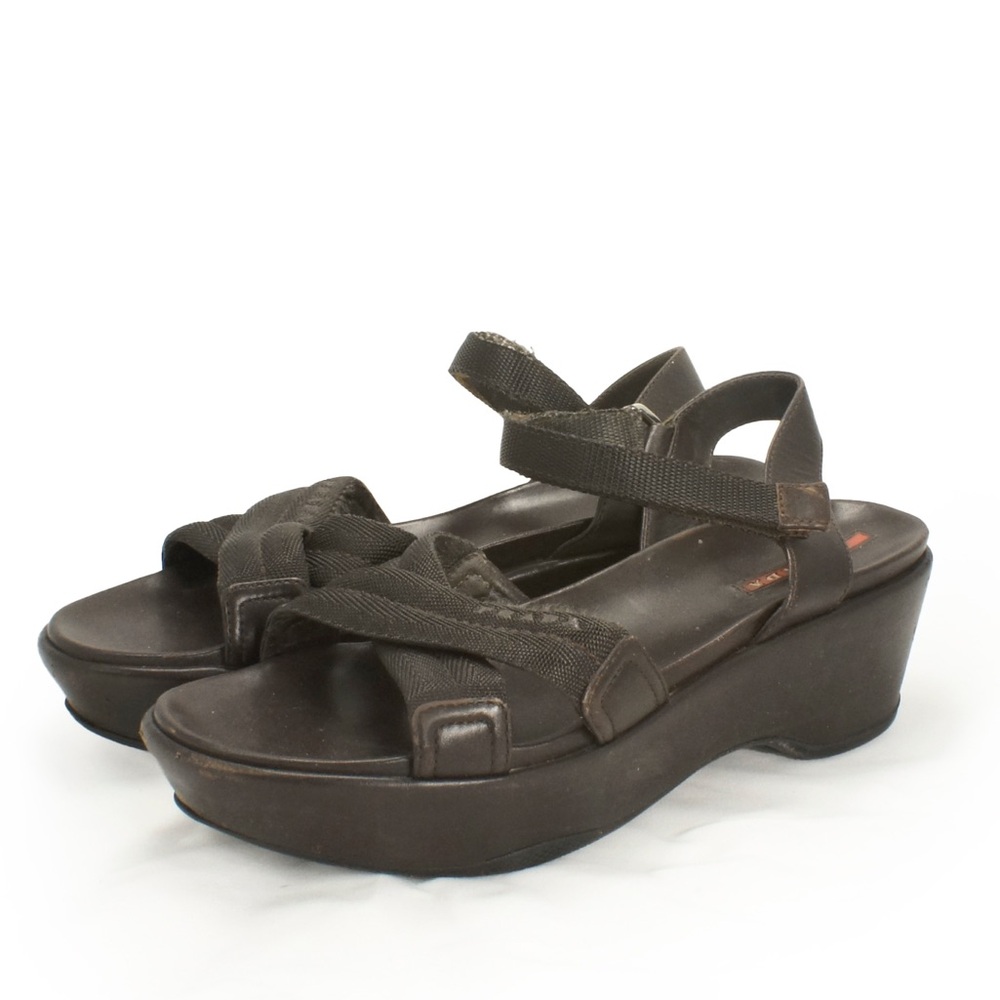 Vintage Y2K Prada Sport Dark Brown Cross Strap Platform Wedge Sandal Shoes